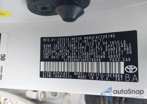 2017 Toyota Corolla Xle из США, поврежденный, VIN 5YFBURHE2HP678008